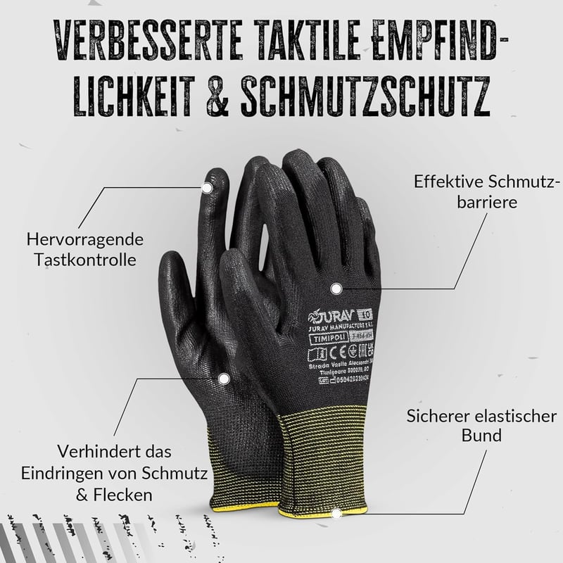 FUZZIO 12 Pár PU Bevonatú Munkakesztyű Kesztyűcsipesszel - M (12er Pack), Ogrifox work gloves + Fuzzio clips