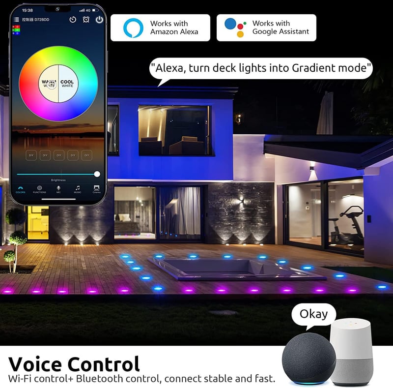 FVTLED 20 db WiFi RGB süllyesztett padlóspotlámpa Alexa kompatibilis 12V DC, 30 mm átmérő, 0.6 W LED