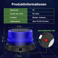 Fxlpower Kék LED Forgó Jelzőlámpa Napelemes Akkus IP65 Mágnes Figyelmeztetés 5