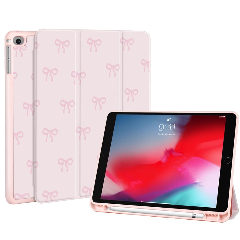 Puzdro Fycyko na iPad 9,7 palca pre 5. a 6. generáciu (2017/2018), s držiakom na ceruzku, roztomilým vzorom mašličiek, trojnásobným stojanom, ružové, ochranné puzdro odolné voči poškriabaniu
