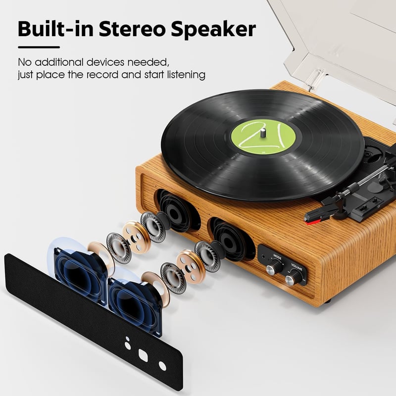 FYDEE Bakelit Lemezjátszó Beépített Sztereó Hangszórókkal, 3 Sebesség 33/45/78 RPM, Bluetooth Kapcsolat, RCA Kimenet, Fa Színű Retró Dizájn