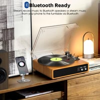 FYDEE Bakelit Lemezjátszó Beépített Sztereó Hangszórókkal, 3 Sebesség 33/45/78 RPM, Bluetooth Kapcsolat, RCA Kimenet, Fa Színű Retró Dizájn 2