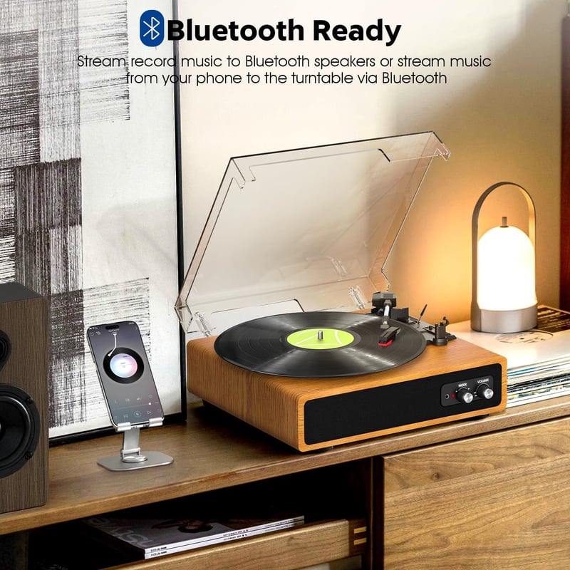FYDEE Bakelit Lemezjátszó Beépített Sztereó Hangszórókkal, 3 Sebesség 33/45/78 RPM, Bluetooth Kapcsolat, RCA Kimenet, Fa Színű Retró Dizájn