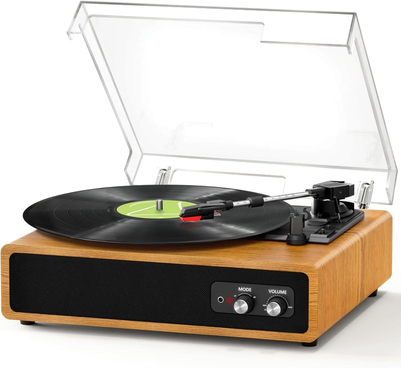 FYDEE Bakelit Lemezjátszó Beépített Sztereó Hangszórókkal, 3 Sebesség 33/45/78 RPM, Bluetooth Kapcsolat, RCA Kimenet, Fa Színű Retró Dizájn