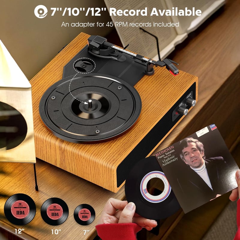 FYDEE Bakelit Lemezjátszó Beépített Sztereó Hangszórókkal, 3 Sebesség 33/45/78 RPM, Bluetooth Kapcsolat, RCA Kimenet, Fa Színű Retró Dizájn