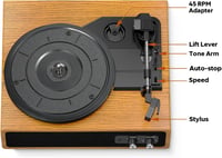 FYDEE Bakelit Lemezjátszó Beépített Sztereó Hangszórókkal, 3 Sebesség 33/45/78 RPM, Bluetooth Kapcsolat, RCA Kimenet, Fa Színű Retró Dizájn 8