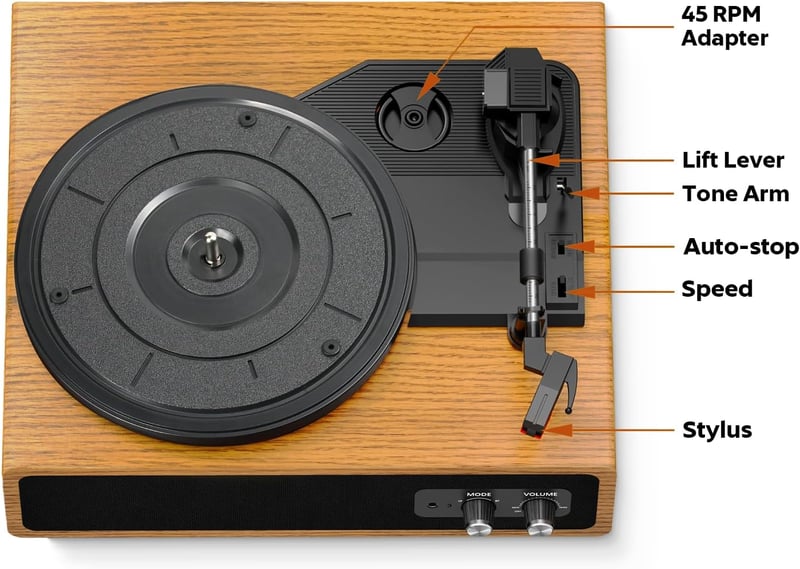 FYDEE Bakelit Lemezjátszó Beépített Sztereó Hangszórókkal, 3 Sebesség 33/45/78 RPM, Bluetooth Kapcsolat, RCA Kimenet, Fa Színű Retró Dizájn