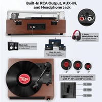 Gramofón FYDEE Bluetooth 5.4 so vstavanými 2x3W stereo reproduktormi, 3 rýchlosti, RCA/AUX, automatické zastavenie, retro dizajn, tmavočervený 6