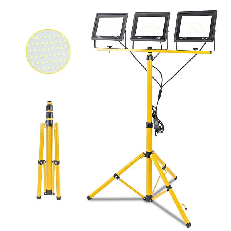 Fynokst 300W LED stavebný reflektor, 30000 LM super jasné pracovné svetlo s nastaviteľným statívom a 3m káblom s EÚ zástrčkou, IP66 vodoodolné, Hi