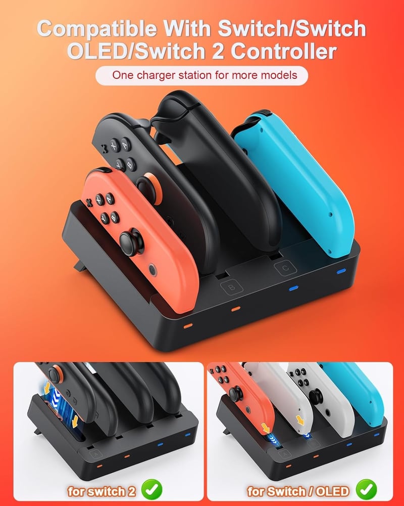 FYOUNG Nintendo Switch Töltőállomás Joy-Con Kontrollerekhez - Kompatibilis Switch 2 (2025) / Switch 1 (2017) / OLED Modellekkel - Kompakt Ho