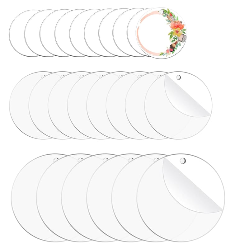 Fyrdm 24 ks Priehľadné akrylové disky s dierkou - Okrúhle plexisklové doštičky na dekorovanie 5 cm / 7,6 cm / 10 cm