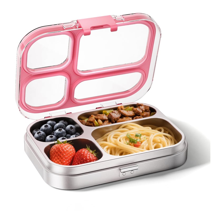 HOMEFAVOR dječja kutija za užinu od nehrđajućeg čelika 800 ml, metalna Bento kutija s 4 pregrade, nepropusna školska kutija za sendviče, periva u perilici posuđa, ružičasta