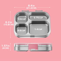 HOMEFAVOR dječja kutija za užinu od nehrđajućeg čelika 800 ml, metalna Bento kutija s 4 pregrade, nepropusna školska kutija za sendviče, periva u perilici posuđa, ružičasta 2