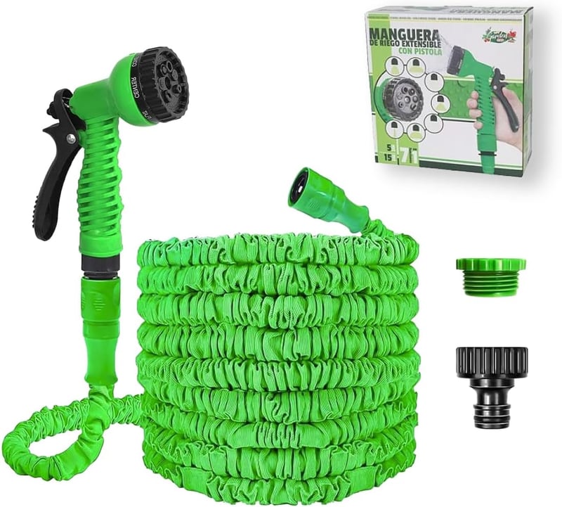 Furtun de grădină extensibil G 15m - Furtun de apă flexibil cu cap de pulverizare cu 7 funcții, pentru îngrijirea grădinii, spălarea mașinii, îmbăierea animalelor de companie, verde