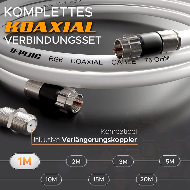 G-PLUG RG6 koaxiális kábel csatlakozó szett 1m, műholdas és antennakábel hosszabbító