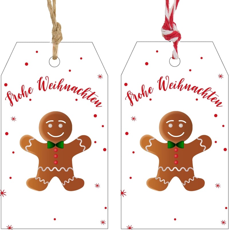 G2PLUS 100 db Karácsonyi Ajándékcímke Kraft Papírból - 4x7 cm Merry Christmas Felirattal, Juta Zsineggel Adventi Naptárhoz, DIY Dekorációhoz