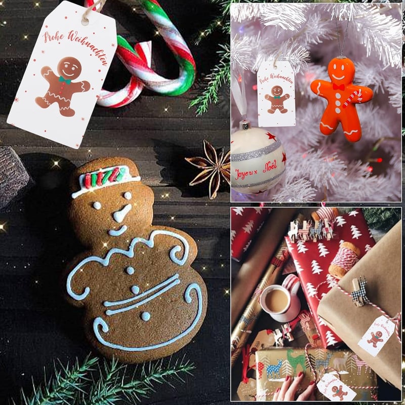 G2PLUS 100 db Karácsonyi Ajándékcímke Kraft Papírból - 4x7 cm Merry Christmas Felirattal, Juta Zsineggel Adventi Naptárhoz, DIY Dekorációhoz