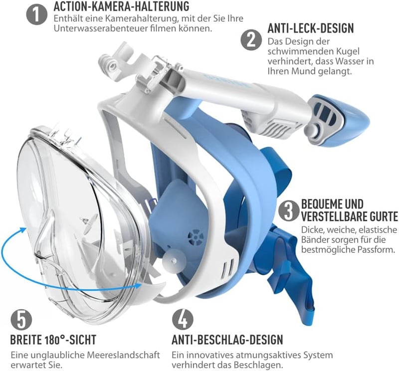 G2RISE Teljes Arcú Snorkel Maszk Összecsukható CO2 Biztos Kamera Pozícióval - S/M, White Blue