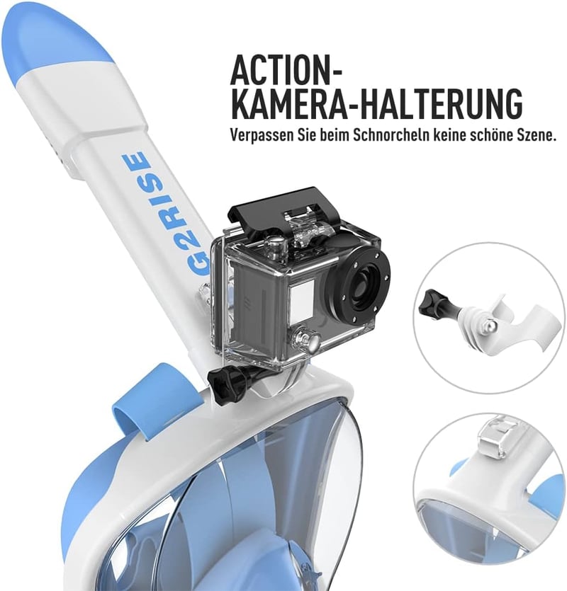 G2RISE Teljes Arcú Snorkel Maszk Összecsukható CO2 Biztos Kamera Pozícióval - S/M, White Blue