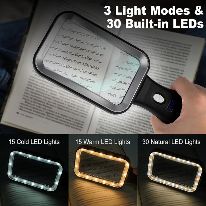 GABORISH 10X nagyítólencse LED világítással, USB töltéses kézi nagyító olvasáshoz