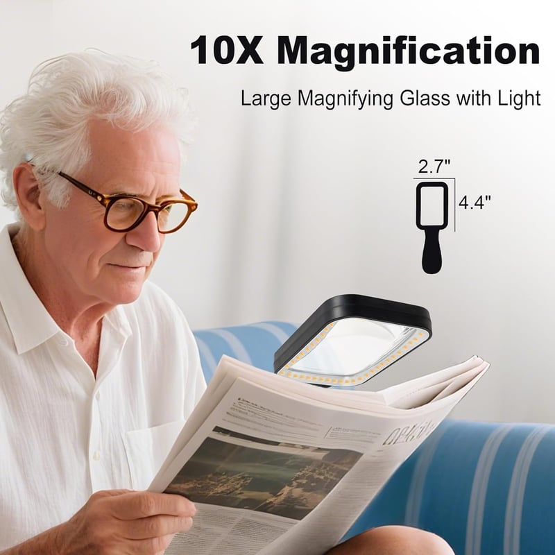 GABORISH 10X nagyítólencse LED világítással, USB töltéses kézi nagyító olvasáshoz