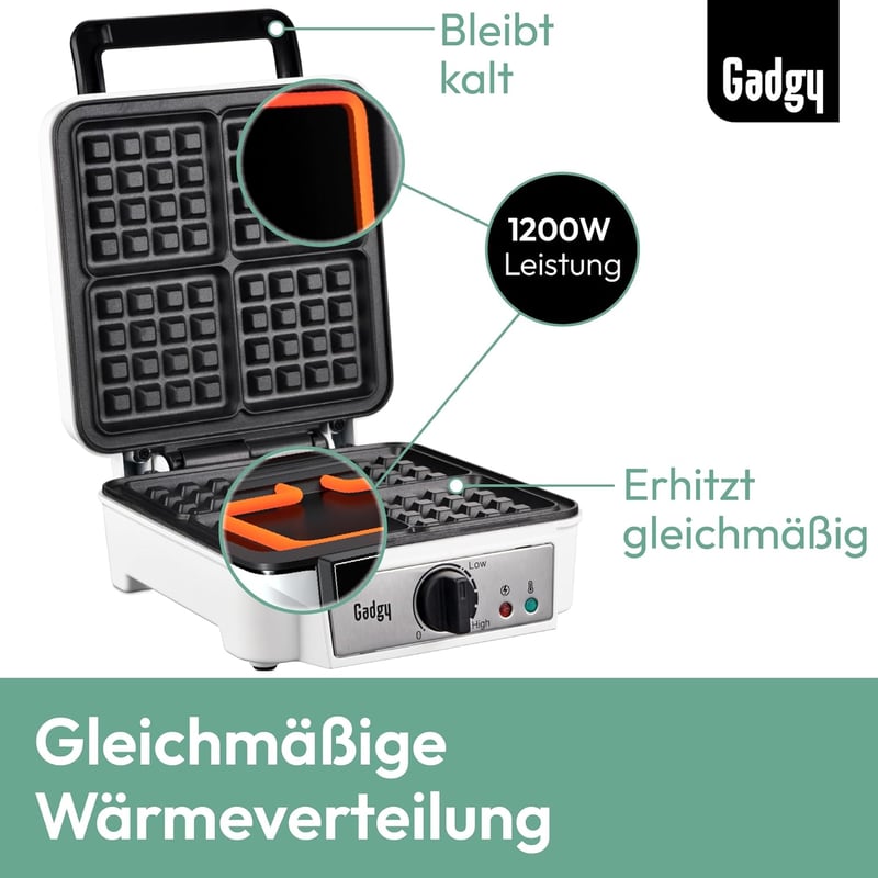 Gadgy Dupla Gofrisütő 1200W Fehér - 4 Gofri Készítésére Alkalmas Kompakt Gép