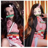GADKUT Nezuko Kamado Cosplay Paróka - Fekete Narancssárga Ombre Hullám Jelmez 7