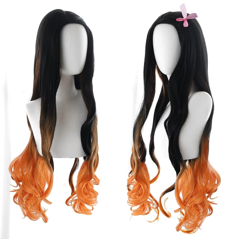GADKUT Nezuko Kamado Cosplay Paróka - Fekete Narancssárga Ombre Hullám Jelmez
