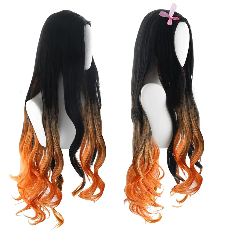 GADKUT Nezuko Kamado Cosplay Paróka - Fekete Narancssárga Ombre Hullám Jelmez
