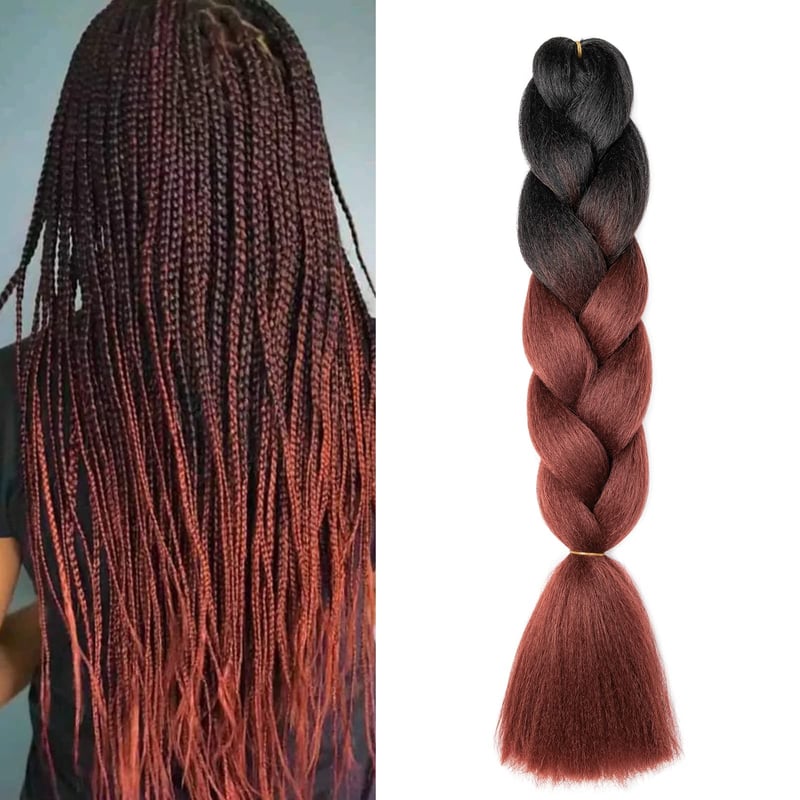 Gairyan Jumbo Braids nadpájané vlasy 60 cm, 100 g, čierno-červenohnedé ombre, syntetické afro vlasy na box braids a háčkované vrkoče, 1 balenie
