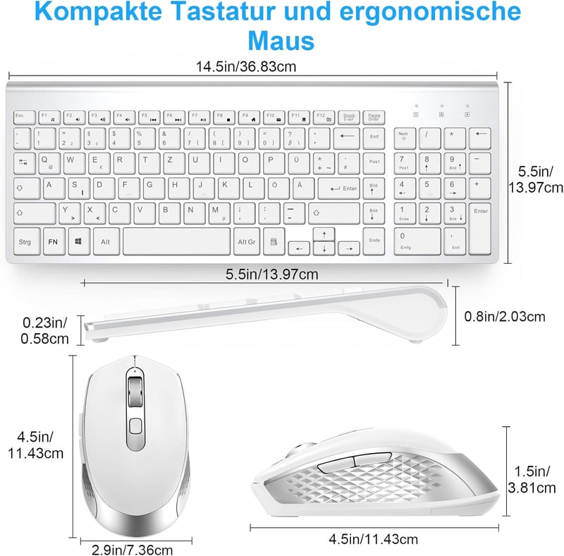 GALENMORO Wireless Billentyűzet Egér Szett QWERTZ USB Ezüst Fehér
