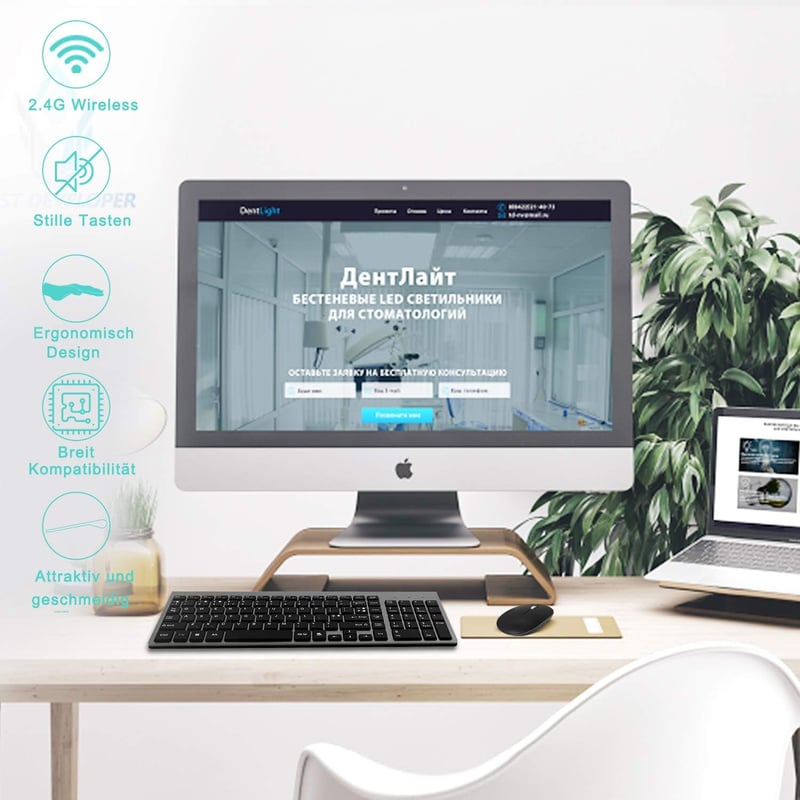 GALENMORO Wireless QWERTZ Billentyűzet és Egér Szett - Ergonomikus, Csendes, Vékony