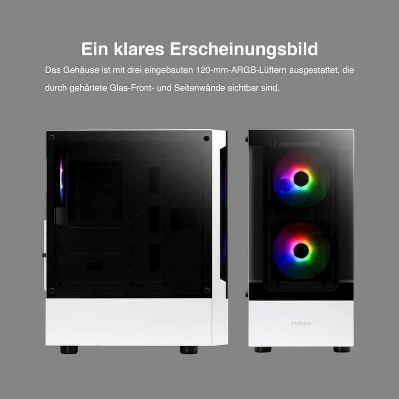 GAMDIAS ATX Mid-Tower Gamer PC Ház, 3 db 120mm ARGB Ventilátorral, Mesh Előlap, Edzett Üveg Oldallap, Fehér
