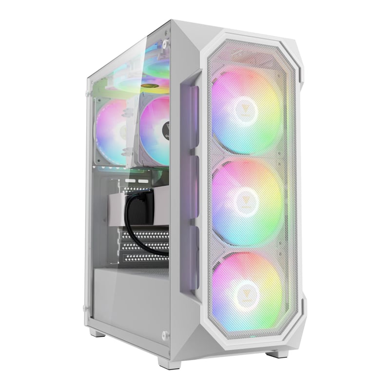 GAMDIAS Aura GC1 Elite ARGB Gamingová Skrinka Biela - ATX Midi Tower so 4x120mm RGB Ventilátormi, Sklenený Bočný Panel, Mesh Predný Panel