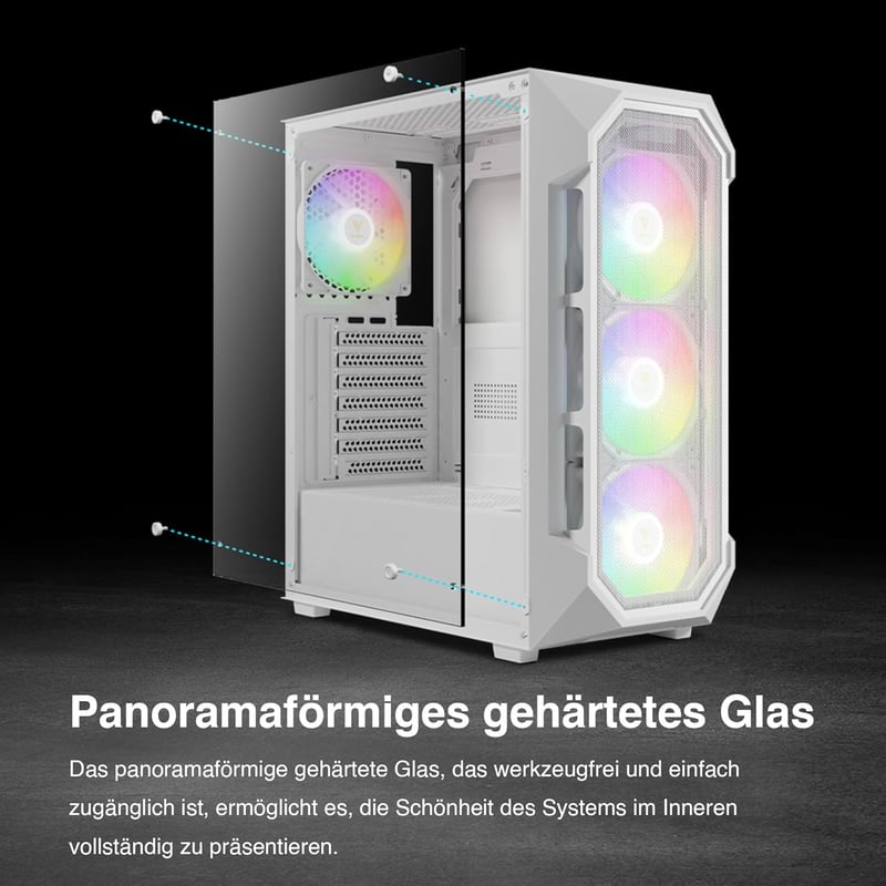 GAMDIAS Aura GC1 Elite ARGB Gaming Ház Fehér - ATX Midi Tower 4x120mm RGB Ventilátorral, Üveg Oldalpanel, Mesh Előlap