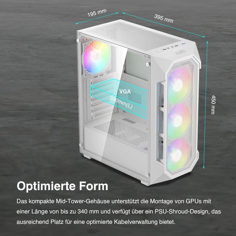 GAMDIAS Aura GC1 Elite ARGB Gaming Ház Fehér - ATX Midi Tower 4x120mm RGB Ventilátorral, Üveg Oldalpanel, Mesh Előlap