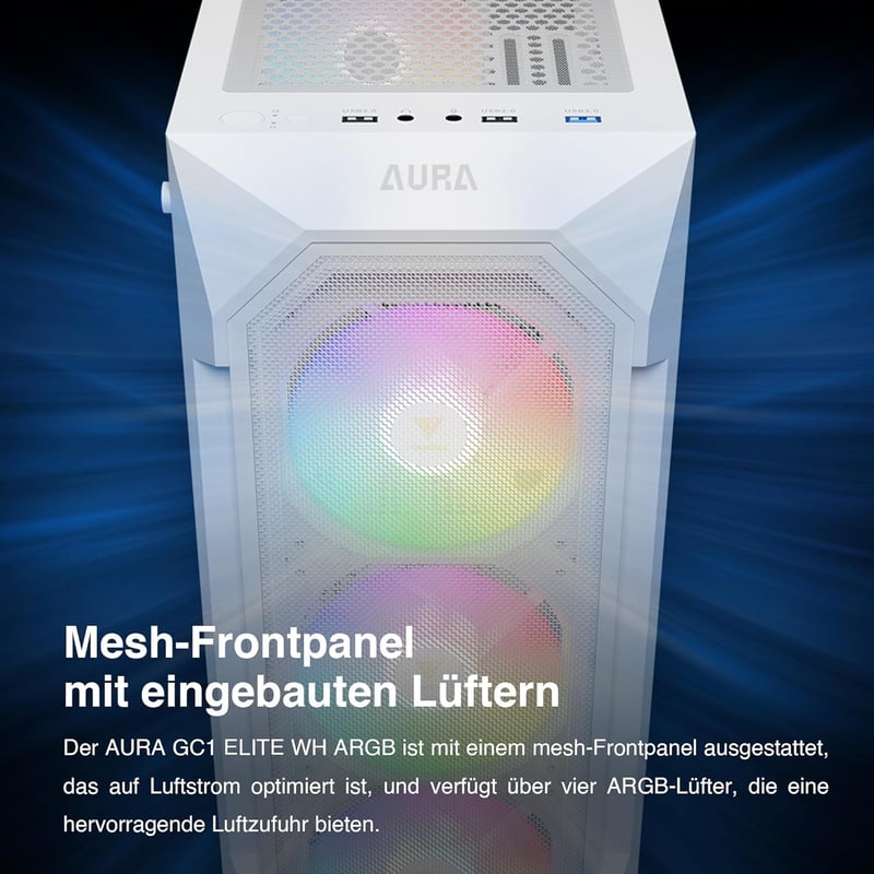 GAMDIAS Aura GC1 Elite ARGB Gaming Ház Fehér - ATX Midi Tower 4x120mm RGB Ventilátorral, Üveg Oldalpanel, Mesh Előlap