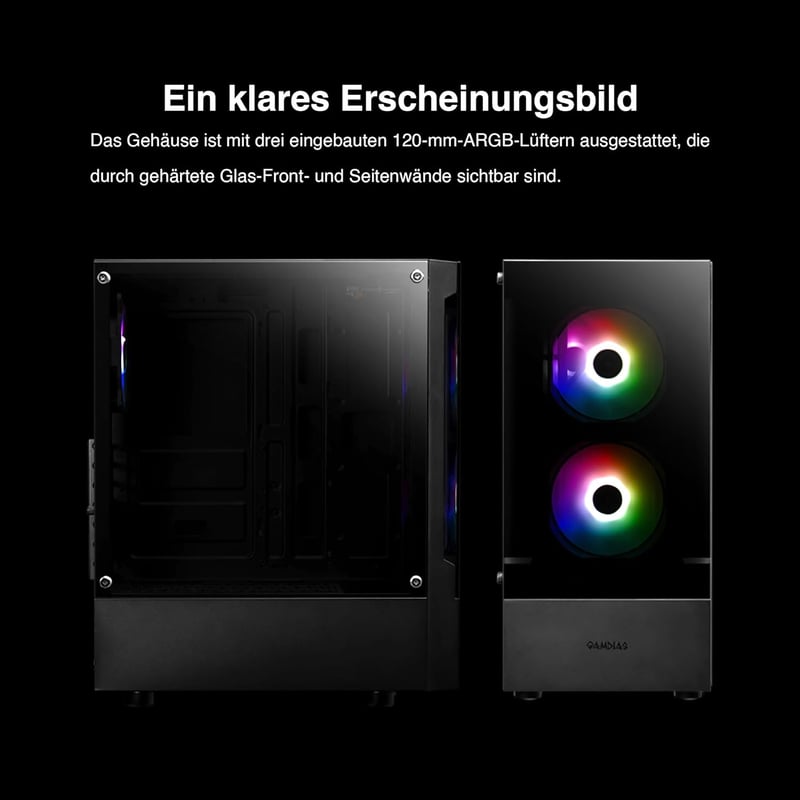 GAMDIAS GD-TALOS E3 ATX Mid-Tower Gamer PC Ház, 3 db 120mm ARGB Ventilátorral, Mesh Előlappal, Edzett Üveg Oldallal, Fekete