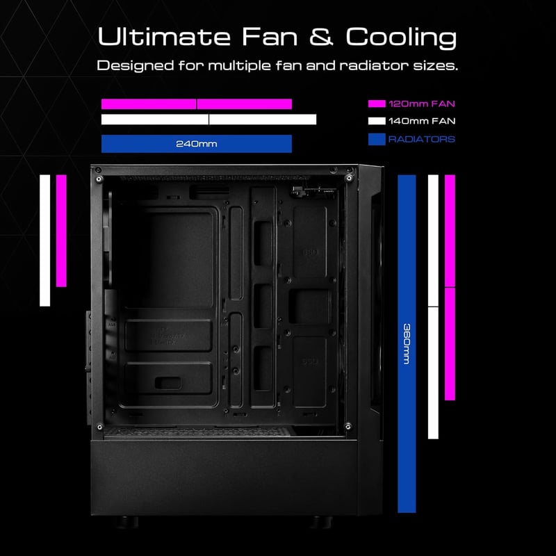 GAMDIAS GD-TALOS E3 ATX Mid-Tower Gamer PC Ház, 3 db 120mm ARGB Ventilátorral, Mesh Előlappal, Edzett Üveg Oldallal, Fekete