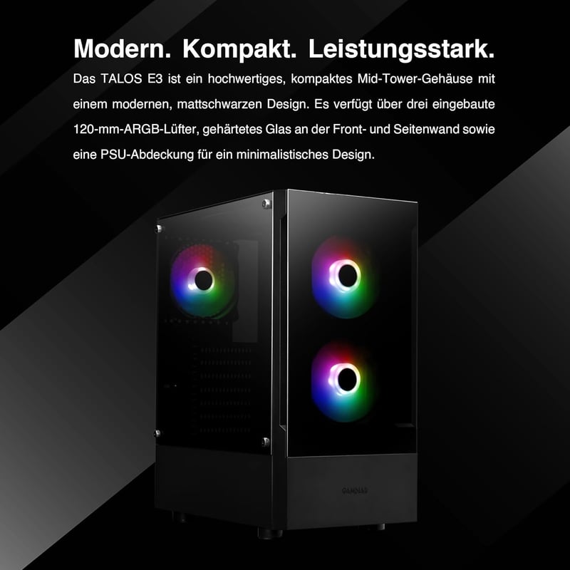 GAMDIAS GD-TALOS E3 ATX Mid-Tower Gamer PC Ház, 3 db 120mm ARGB Ventilátorral, Mesh Előlappal, Edzett Üveg Oldallal, Fekete
