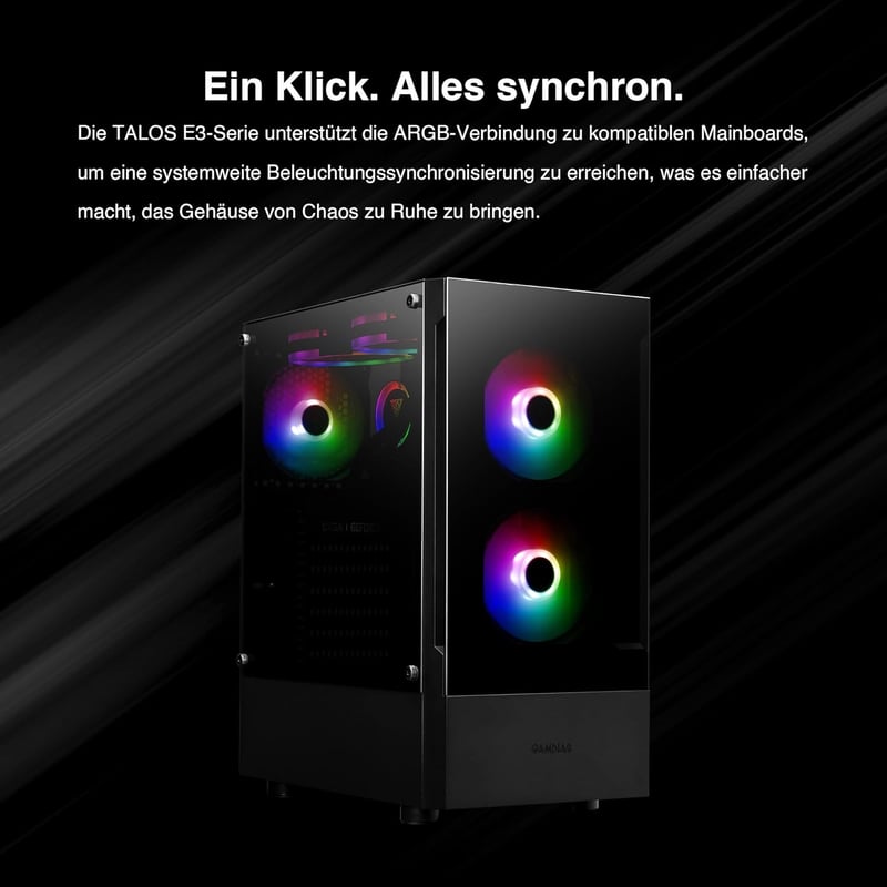 GAMDIAS GD-TALOS E3 ATX Mid-Tower Gamer PC Ház, 3 db 120mm ARGB Ventilátorral, Mesh Előlappal, Edzett Üveg Oldallal, Fekete