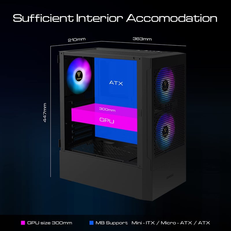 GAMDIAS TALOS E3 Mesh Gaming PC ház temperált üveggel, ARGB ventillátorokkal