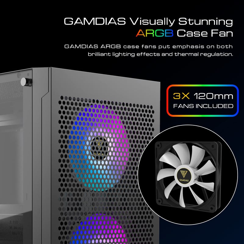 GAMDIAS TALOS E3 Mesh Gaming PC ház temperált üveggel, ARGB ventillátorokkal