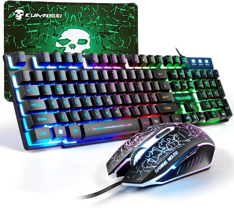 Gaming Billentyűzet és Egér Szett, 104 Gombos QWERTY Rainbow Háttérvilágítás, 2400 DPI 4 Gombos Színes Egér, Kényelmes Egérpad, USB Vezetéke