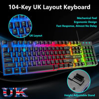 Gaming Billentyűzet és Egér Szett, 104 Gombos QWERTY Rainbow Háttérvilágítás, 2400 DPI 4 Gombos Színes Egér, Kényelmes Egérpad, USB Vezetéke 2