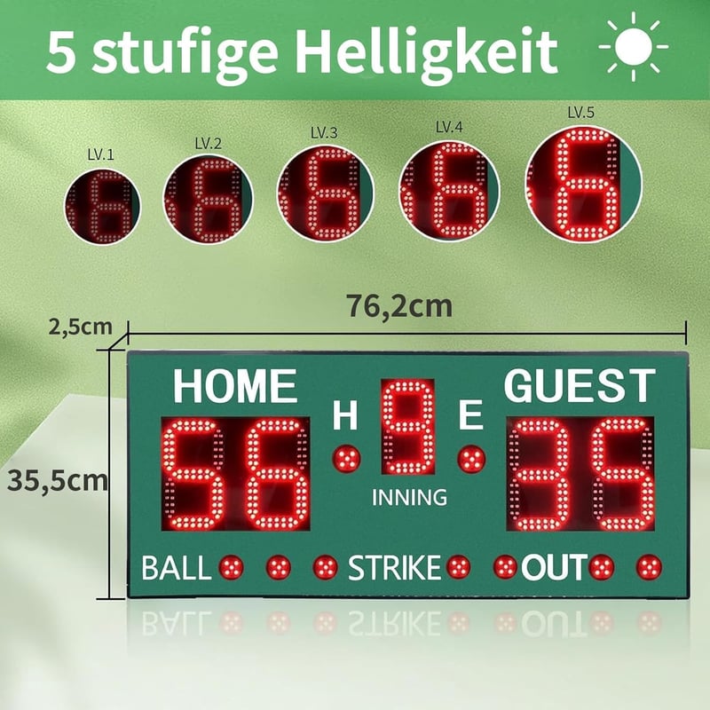 GAN XIN Zöld digitális baseball eredményjelző távirányítóval, 5 számjegyes hordozható elektronikus inning labda ütés out kijelző