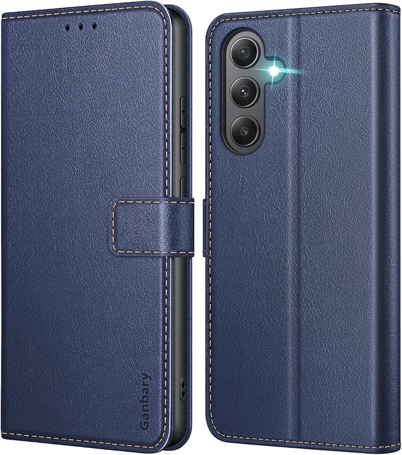 Ganbary Samsung Galaxy A35 5G Bőr Flip Tok - Kék Kártyatartós Mágneses Védőtok Állvány Funkcióval, Prémium Műbőr Telefontok