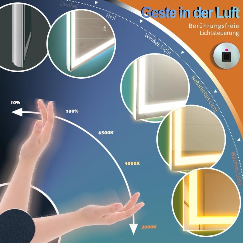 GANPE LED Érzékelős Fürdőszobai Tükör Bluetooth 50x70cm Páramentesítő Fali - 70 x 50 cm, Hand Shaft Induction
