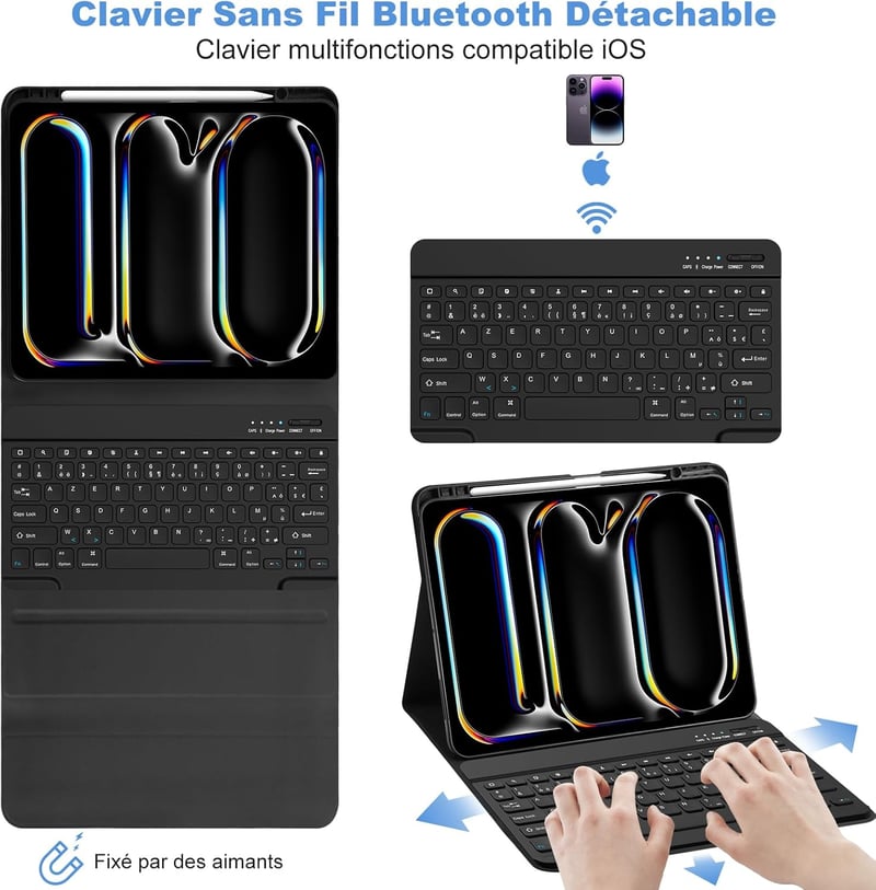 GAOJIE iPad Pro 13 inch M4 2024 Bluetooth billentyűzet tok AZERTY francia fekete
