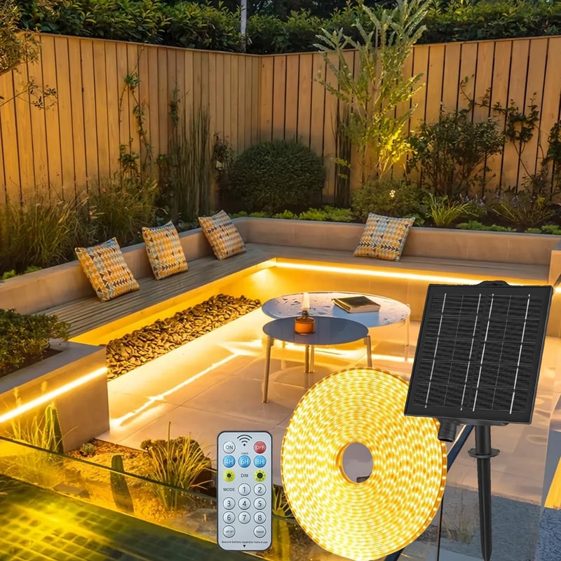 Gaoxun Solárny LED pásik vonkajší 15 m, 960 LED, IP68 vodotesný, s diaľkovým ovládaním, stmievateľný, 8 režimov, teplá biela, dekorácia do záhrady, na balkón a terasu